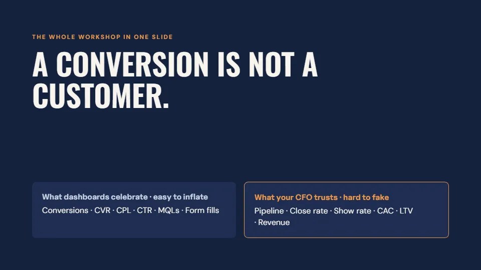 Slide: A conversion is not a customer. Metrics dashboards celebrate versus metrics a CFO trusts