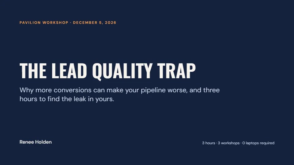 Cover slide: The Lead Quality Trap, a Pavilion workshop on December 5, 2026, by Renee Holden